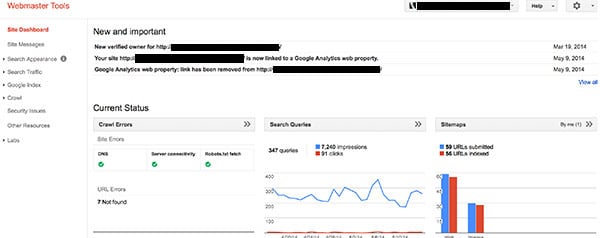 Google Webmaster Tools Dashboard